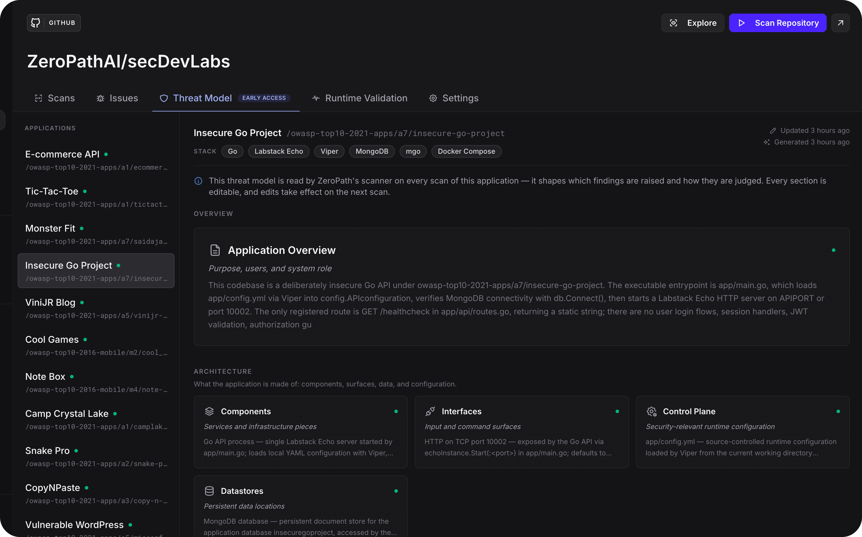 A generated threat model in the Threat Model tab, showing the application overview alongside the structured sections ZeroPath builds for each application.