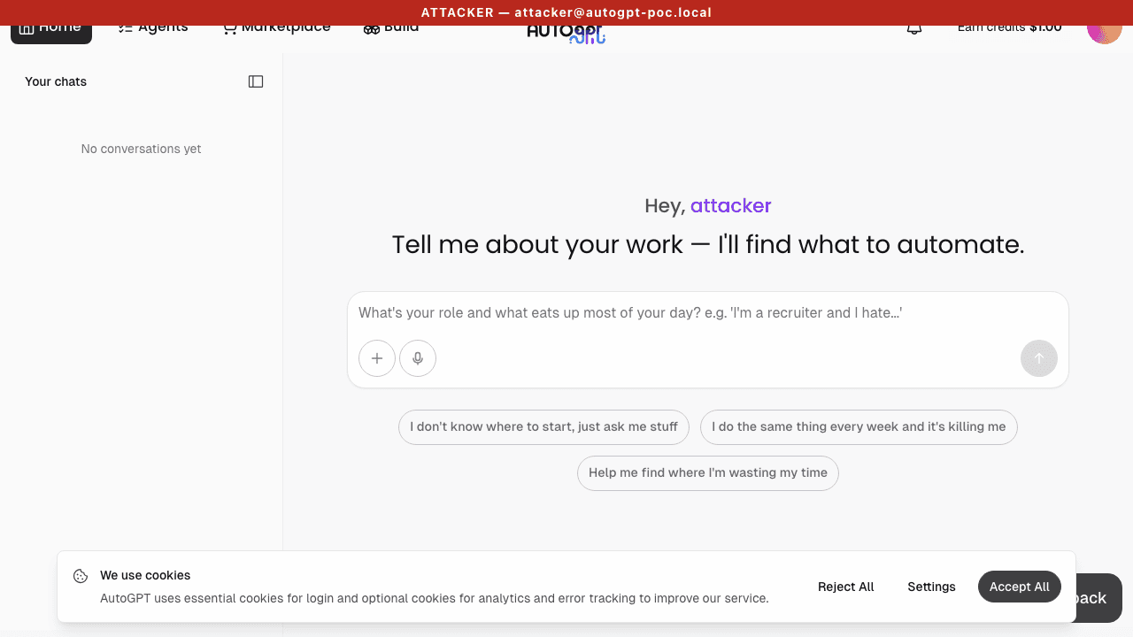 Attacker's copilot landing page — sidebar reads "No conversations yet."