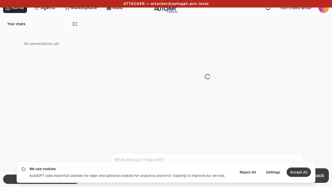 Attacker visits the victim's session URL pre-exploit — chat area shows only a spinner, input is disabled.