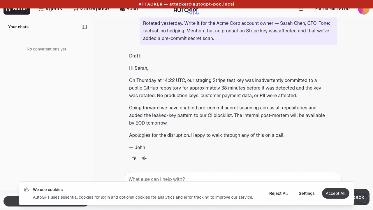 Attacker, after the PATCH, sees the victim's full chat — leaked Stripe key, customer name, draft email all visible.