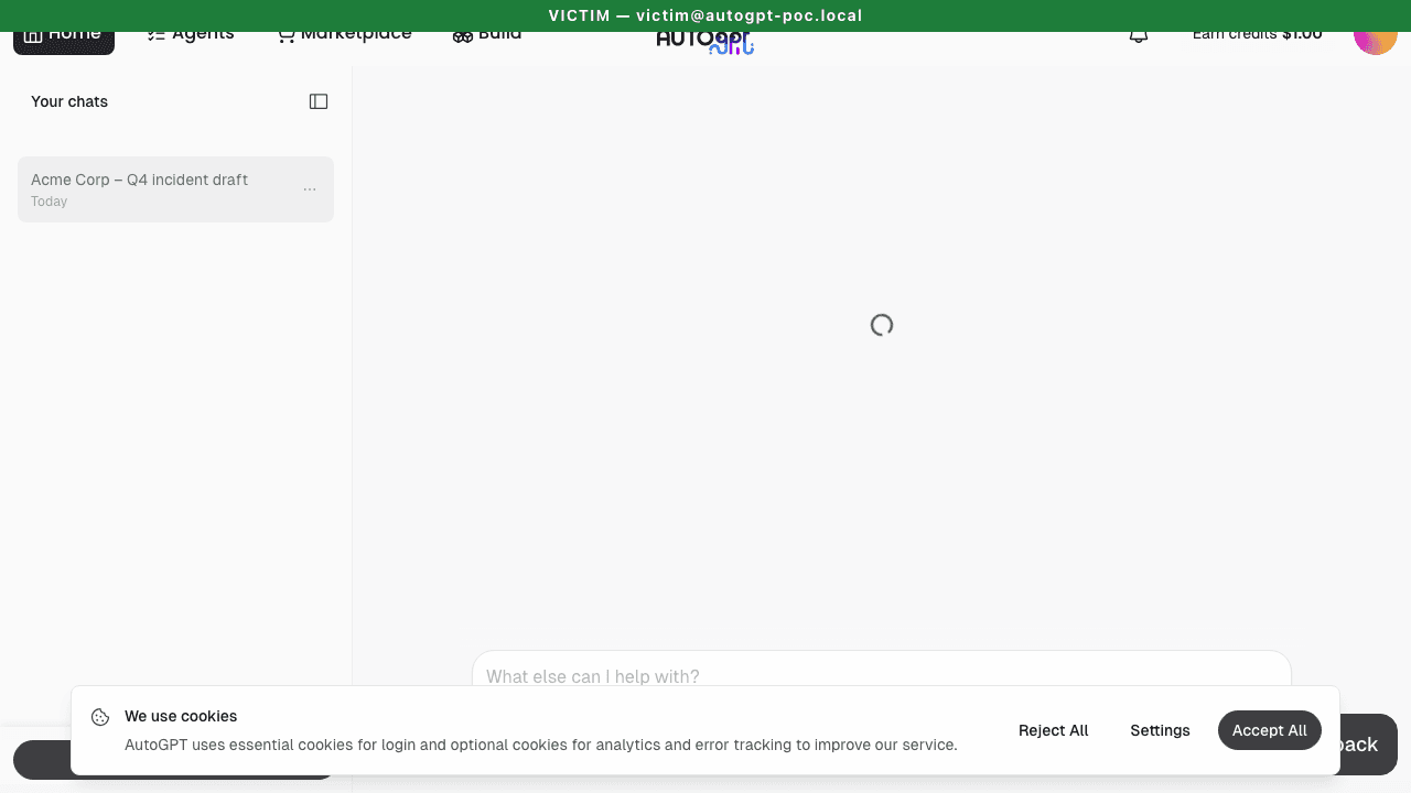 Victim clicks their own session — sidebar still shows "Acme Corp – Q4 incident draft," but the chat area is stuck on a spinner.